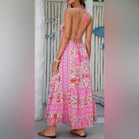 Bohemian Backless Ruffle Hem Halter Beach Casual Maxi Dress - Picture 2 of 6